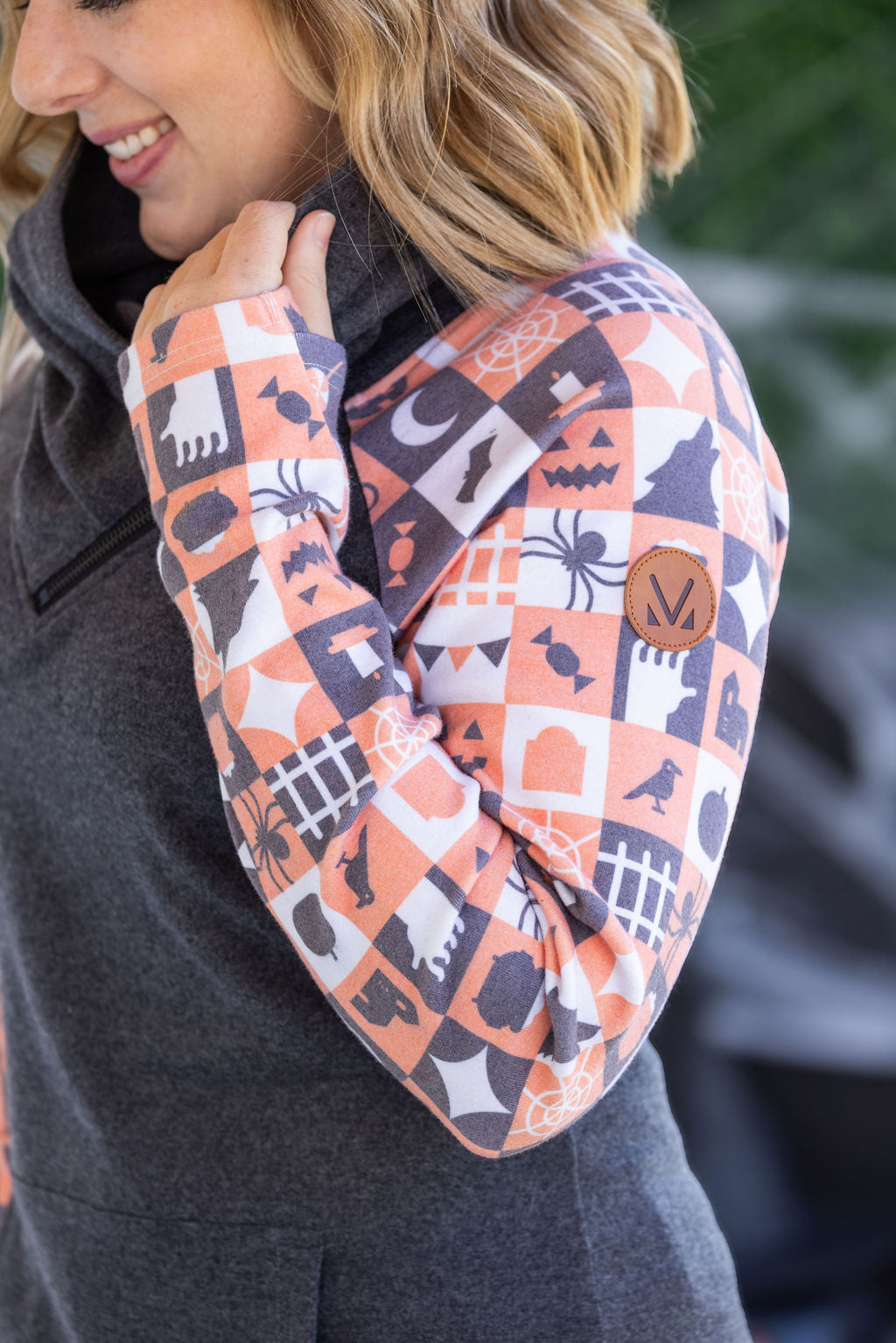 Zoey ZipCowl Sweatshirt -Trick-or-Treat Checkered and Charcoal